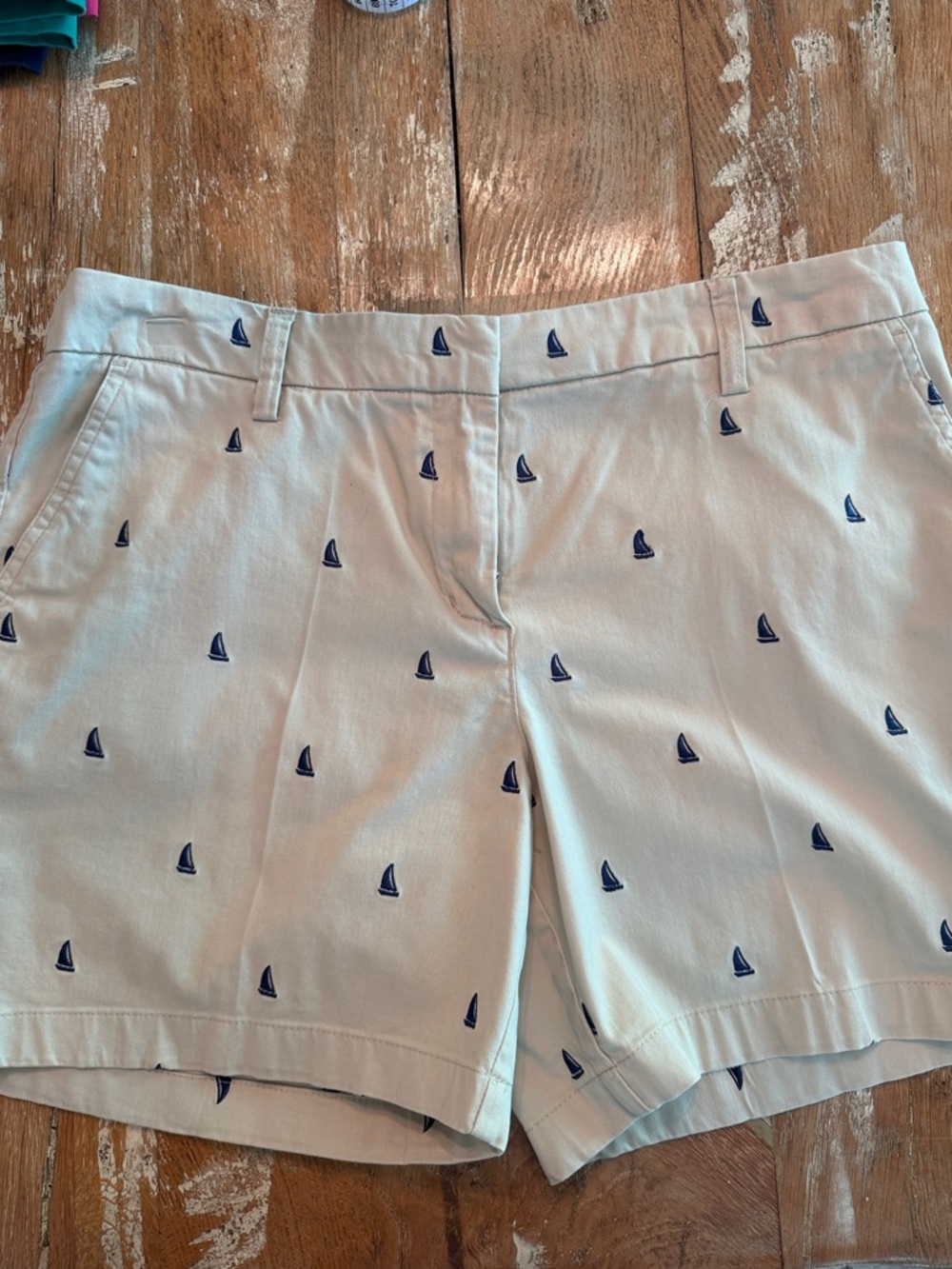Cambridge Dry Goods Women's khaki Shorts with Navy Sailboat Embroidery